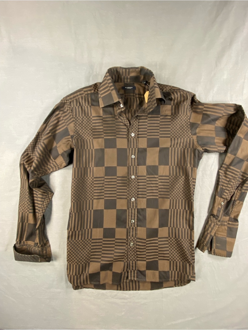 Burberry French cuff Patterned Brown Checkered Men's Shirt size 15